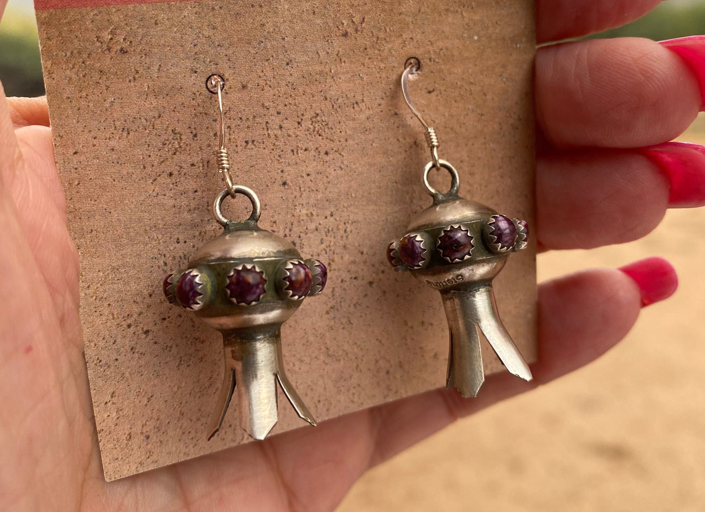 Navajo Purple Spiny Oyster and Sterling Silver Blossom Dangle Earrings Signed