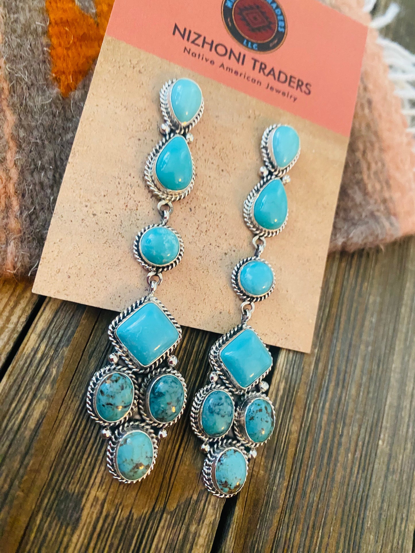 Navajo Sterling Silver & Natural Turquoise Dangle Earrings Signed