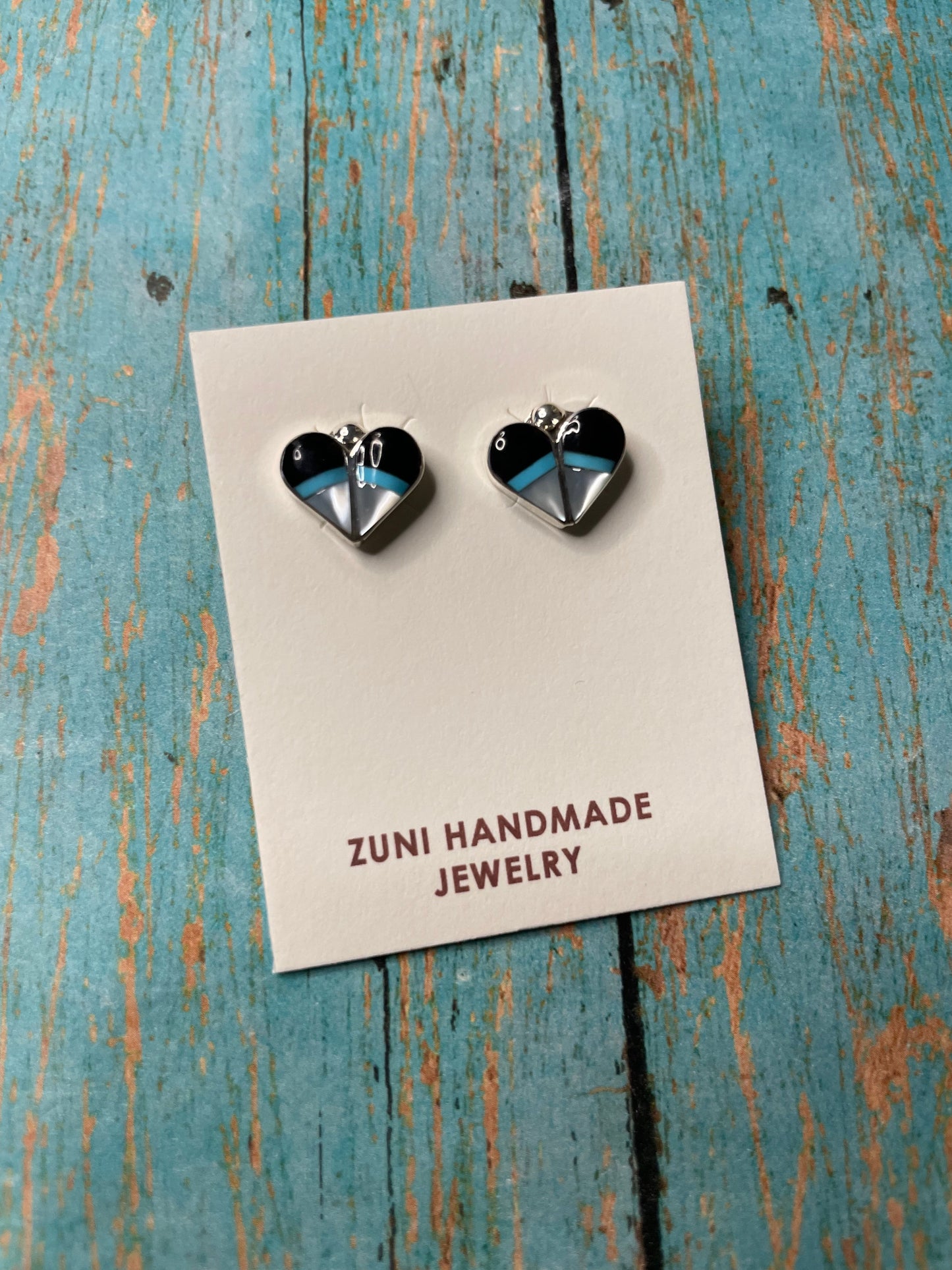 Zuni Sterling Silver, Turquoise, Onyx, & Mother of Pearl Stud Heart Earrings