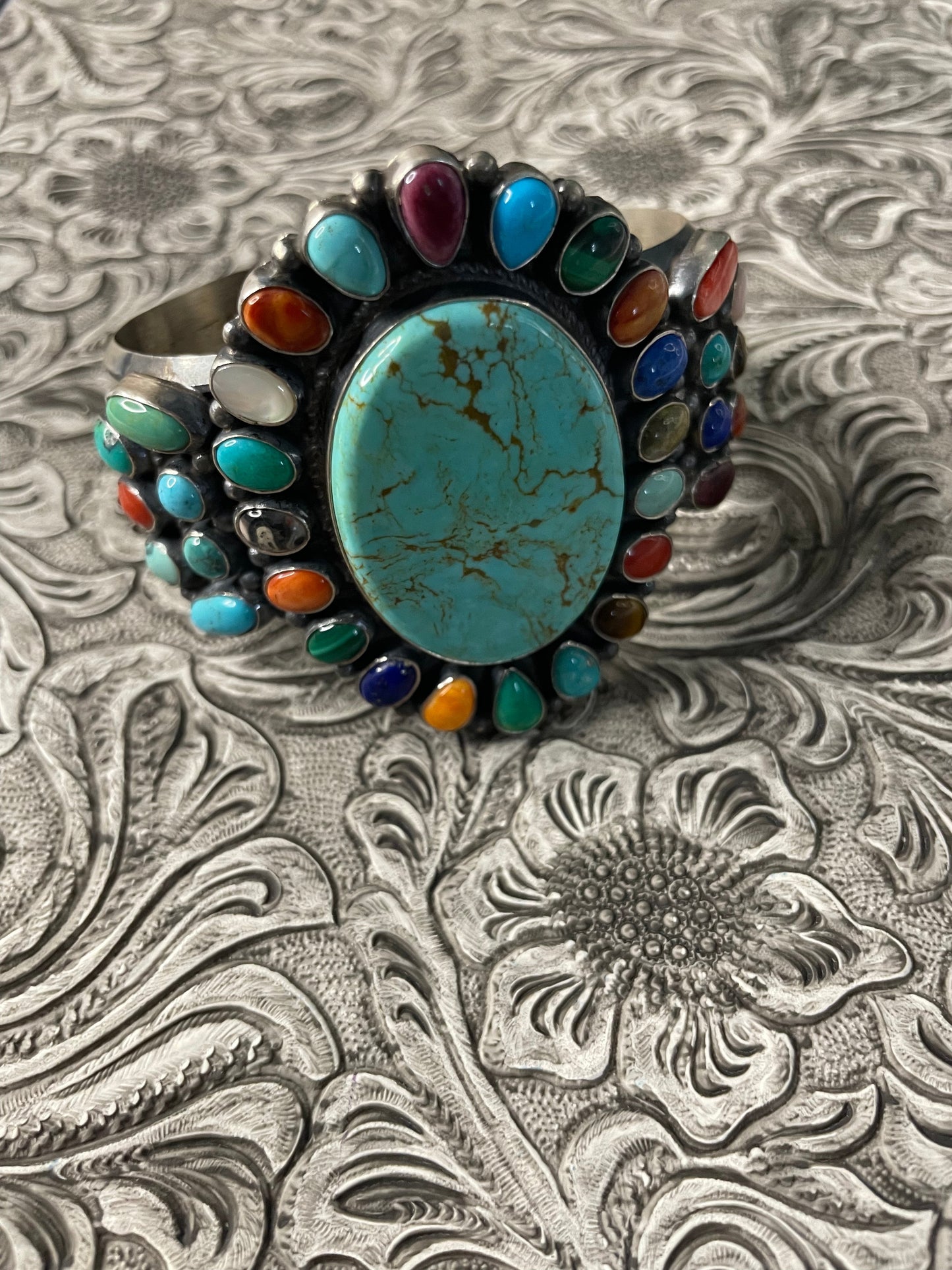 Anthony Skeets Navajo Multi Stone & Sterling Silver Cuff Bracelet Signed