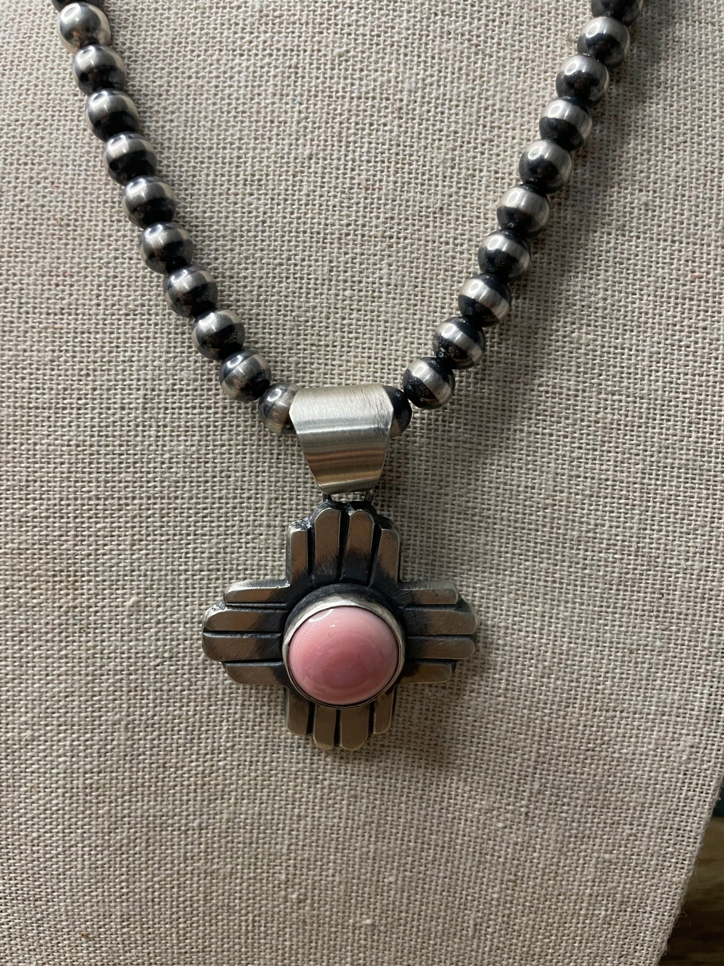 Navajo Queen Pink Conch Shell And Sterling Silver Cross Pendant By Chimney Butte