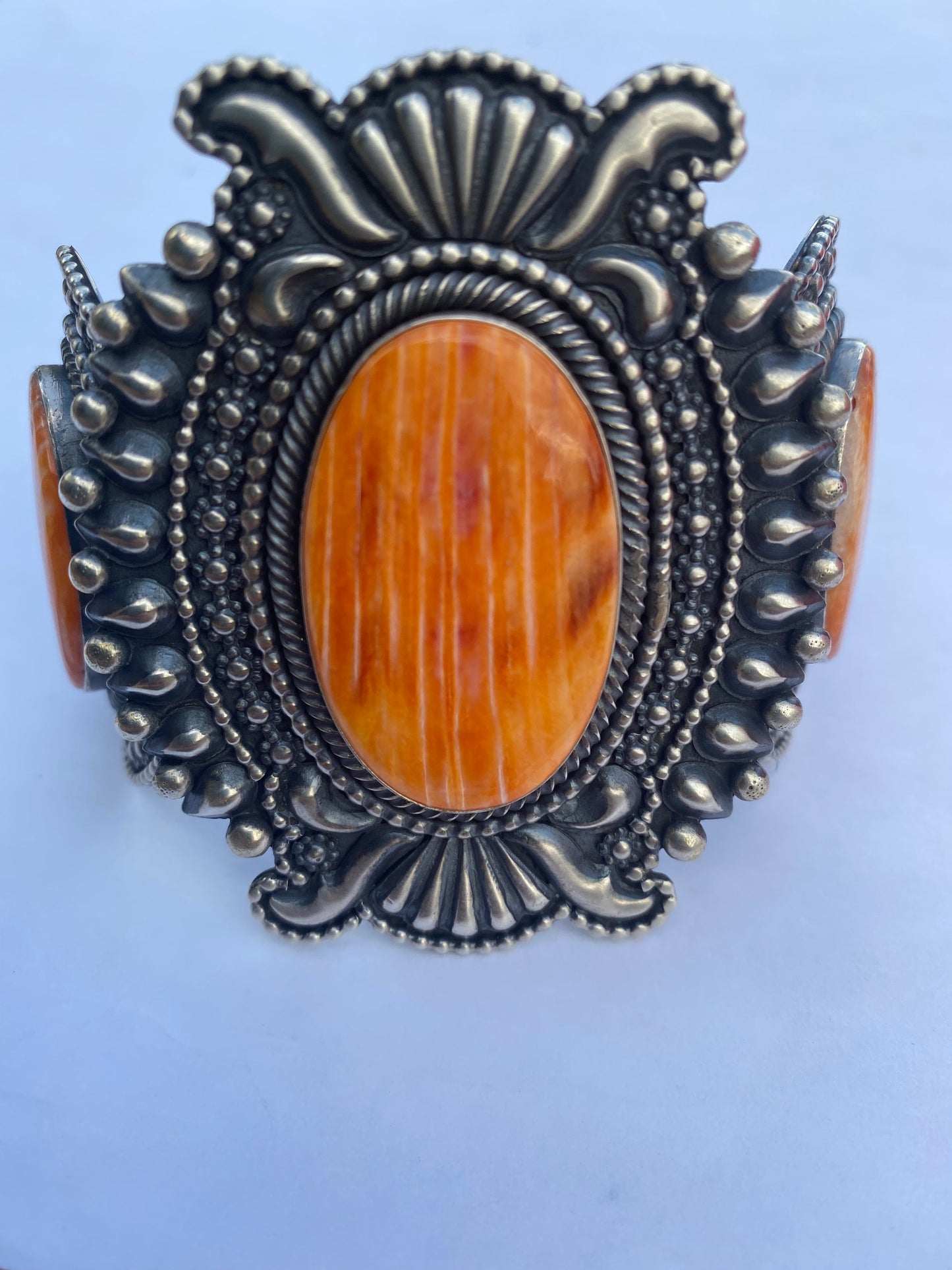 Beautiful Navajo Orange Spiny & Sterling Silver Cuff Bracelet Signed