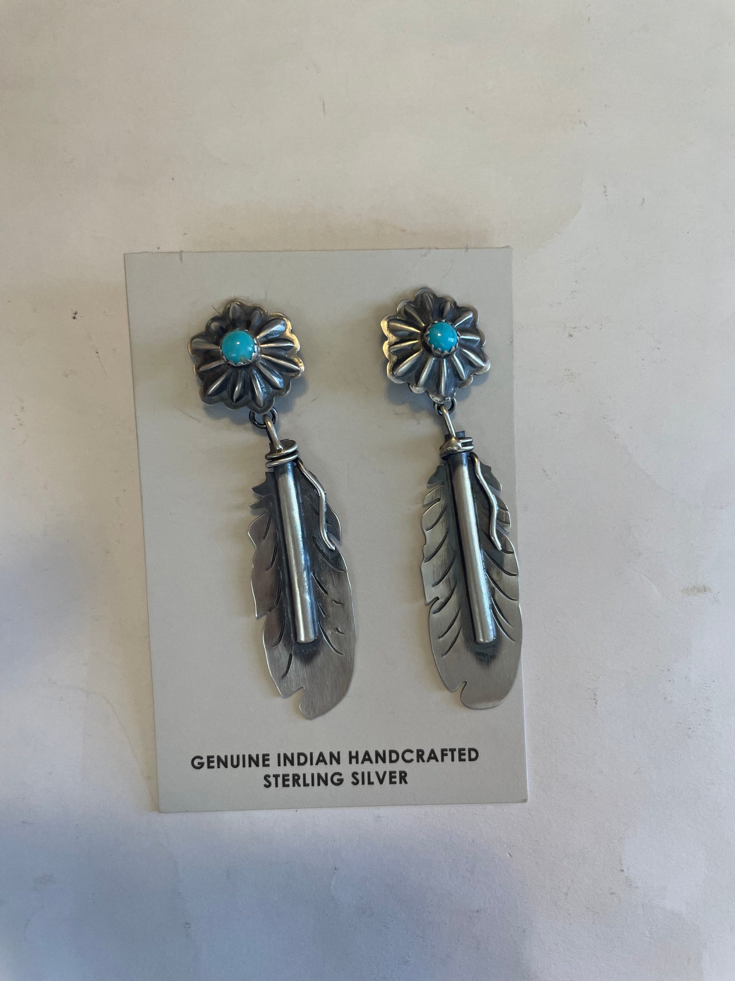 Navajo Sterling Silver Turquoise Feather Dangle Earrings