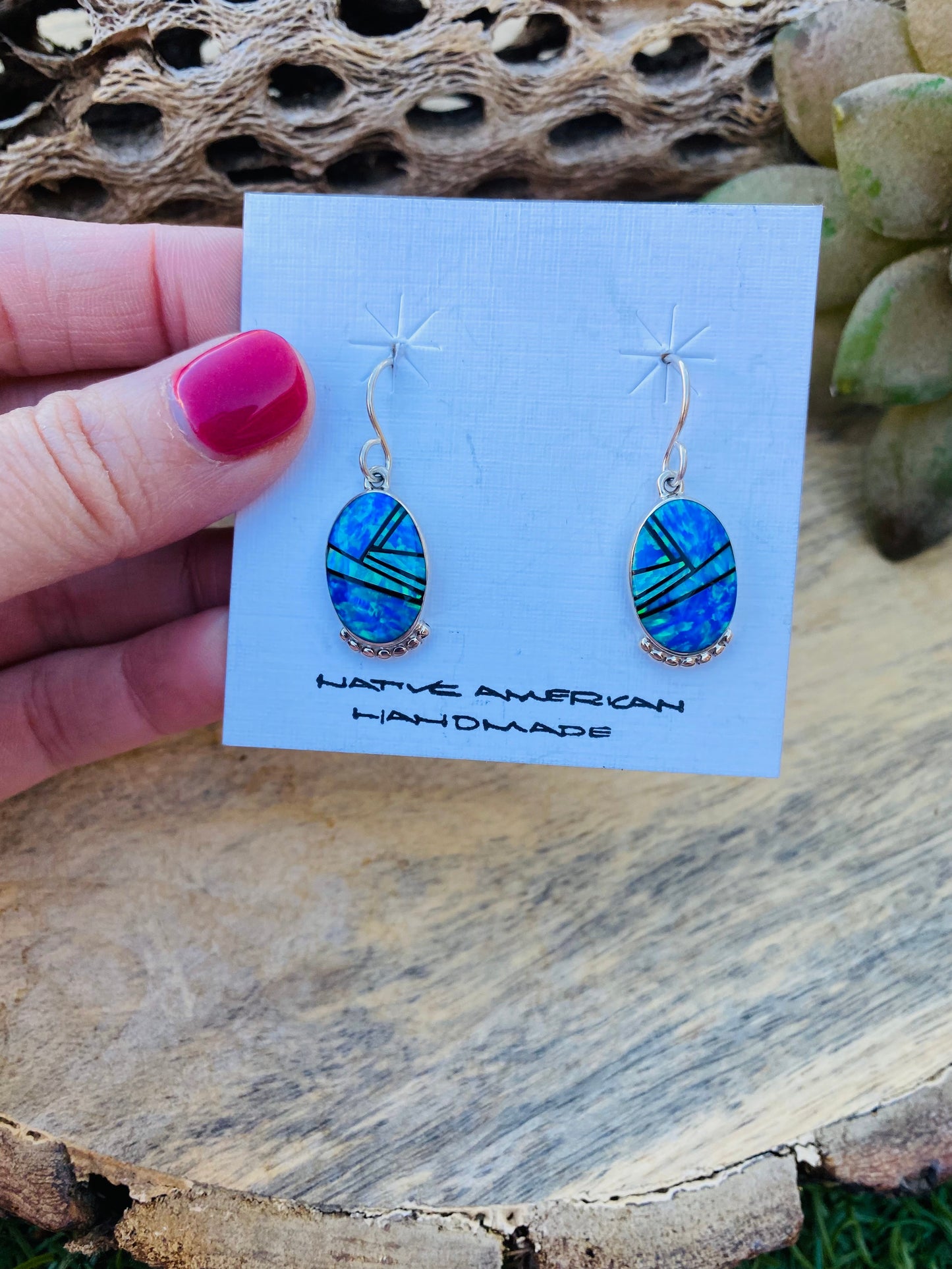 Navajo Opal And Sterling Silver Inlay Dangle Earrings