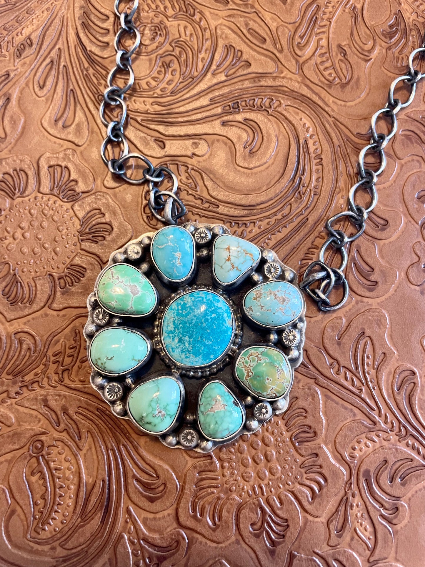 Navajo Carico Lake & Royston Turquoise Cluster Necklace Stamped & Signed