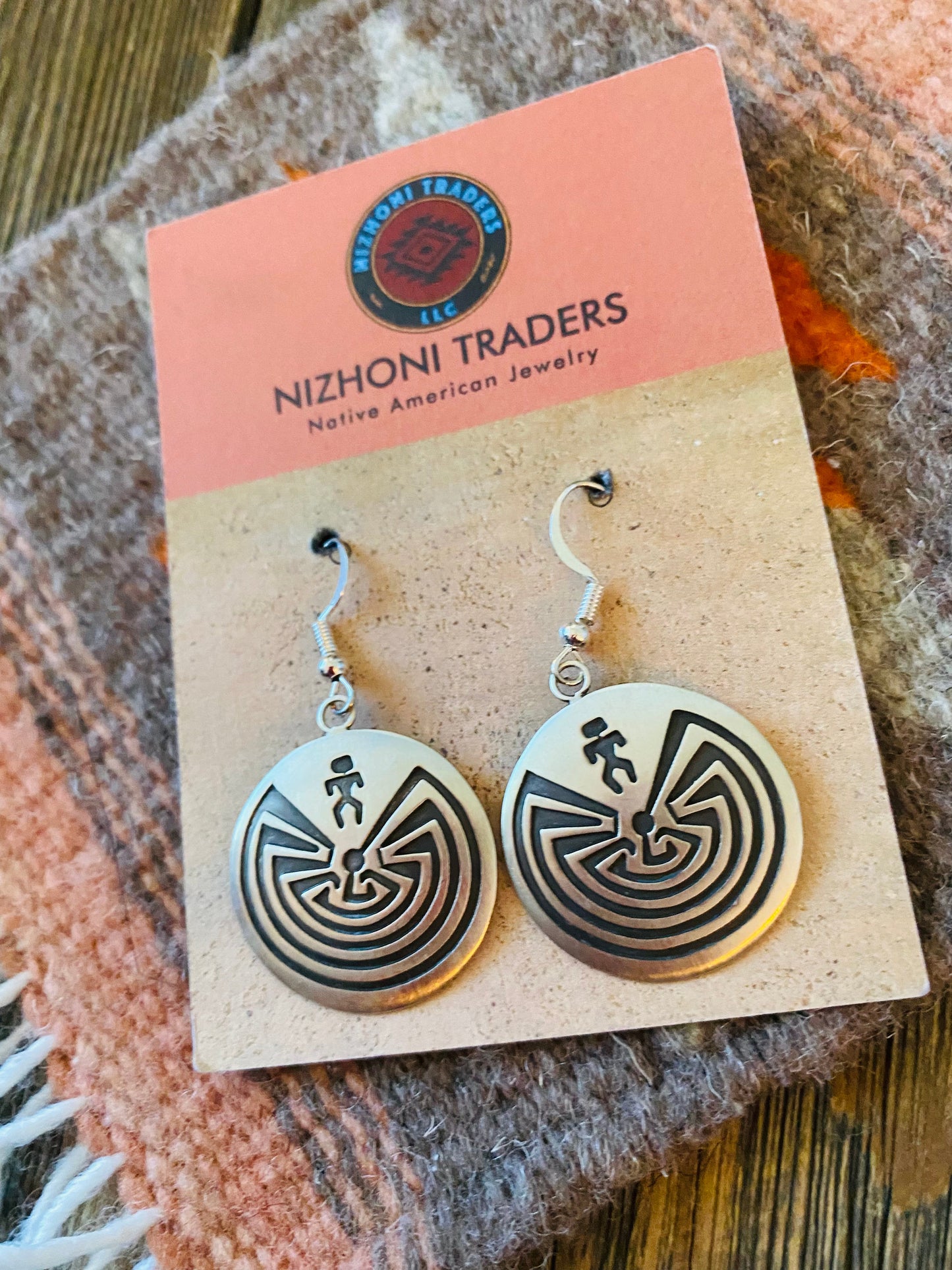 Navajo Hand Stamped Sterling Silver Man in the Maze Dangle Earrings