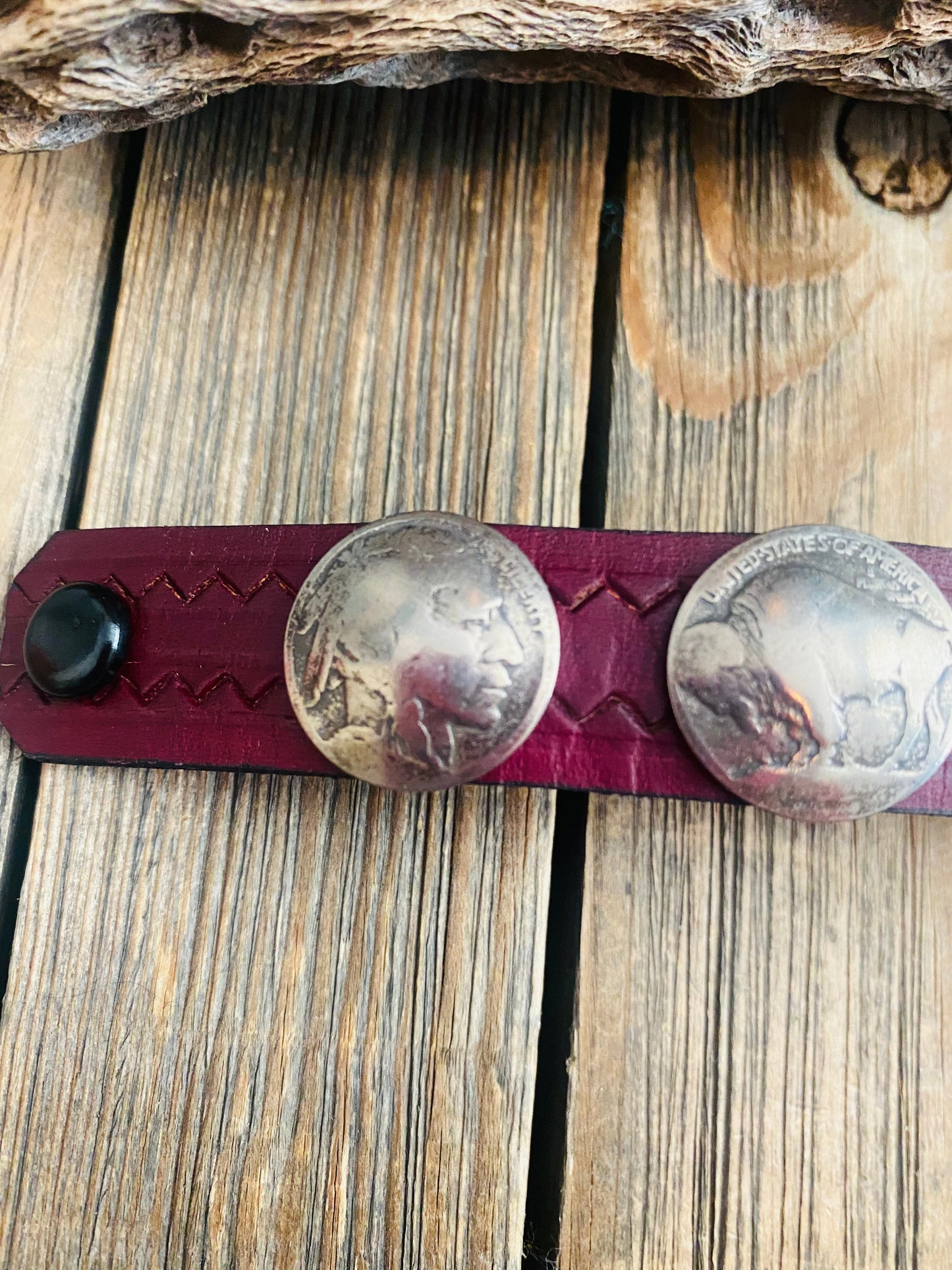 Navajo Buffalo Nickel and Brown Leather Bracelet