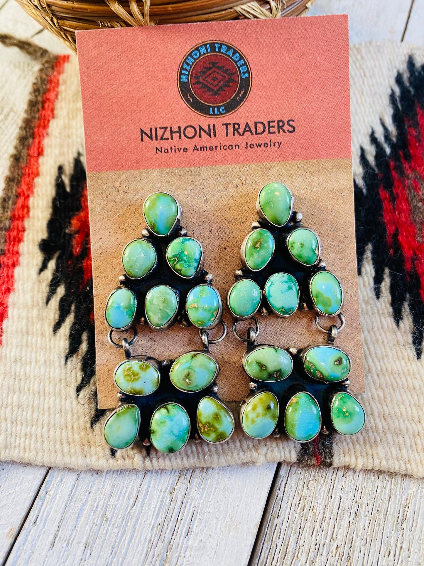 Navajo Sonoran Mountain Turquoise & Sterling Silver Cluster Dangle Earrings