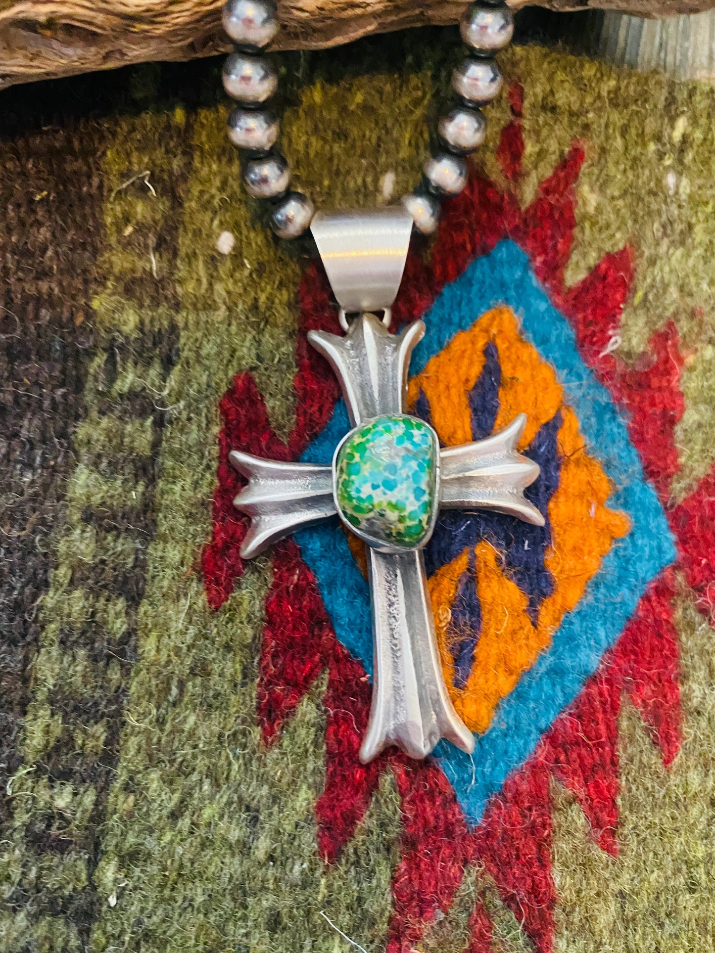 Navajo Sterling Silver & Sonoran Gold Turquoise Cross Pendant By Chimney Butte