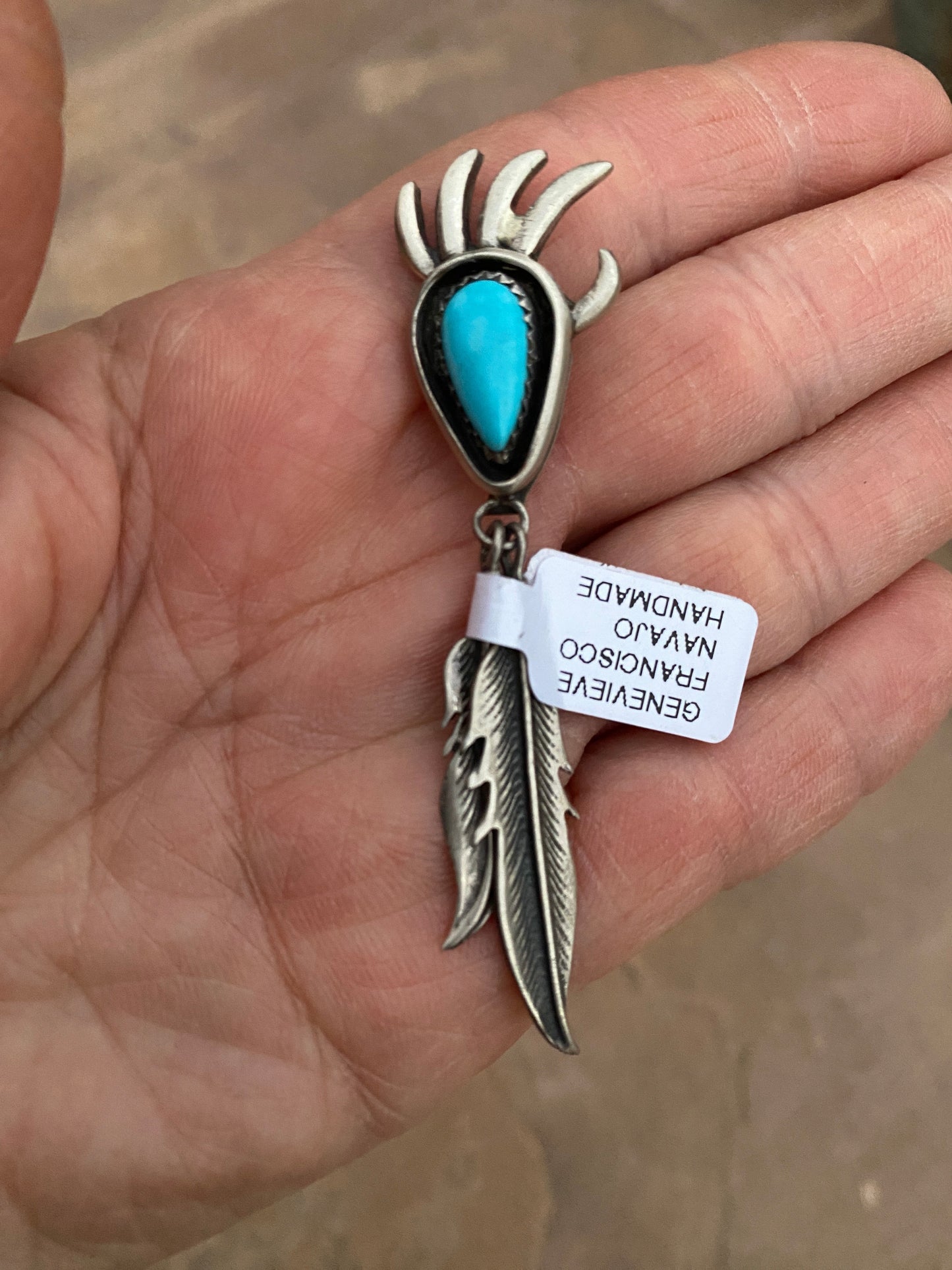 Navajo Kingman Turquoise Claw Feather Pendant