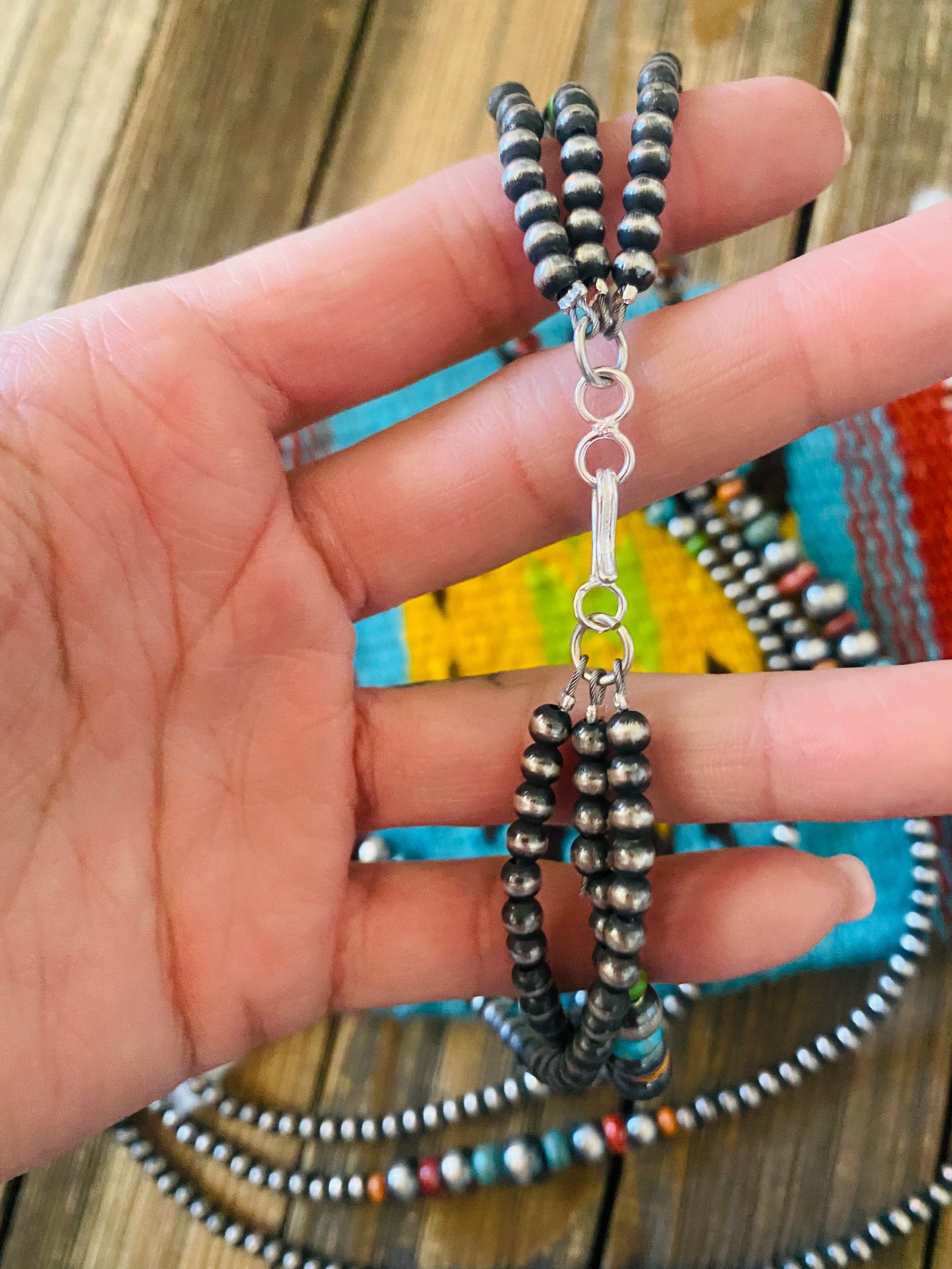 Navajo Multi Stone & Sterling Silver Pearl Triple Strand Beaded 24” Necklace