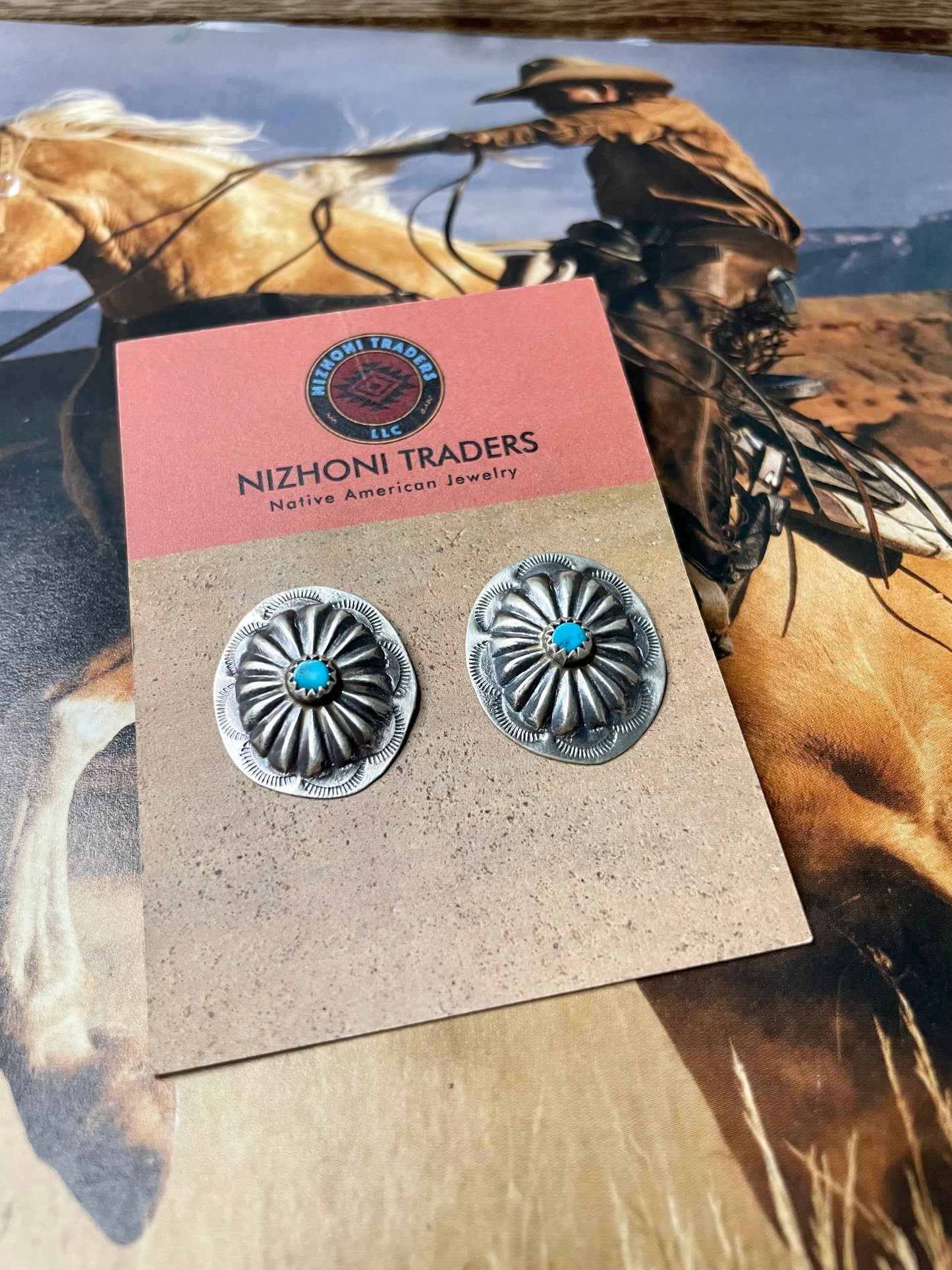 Navajo Turquoise And Hand Stamped Sterling Silver Concho Post Earrings SK59