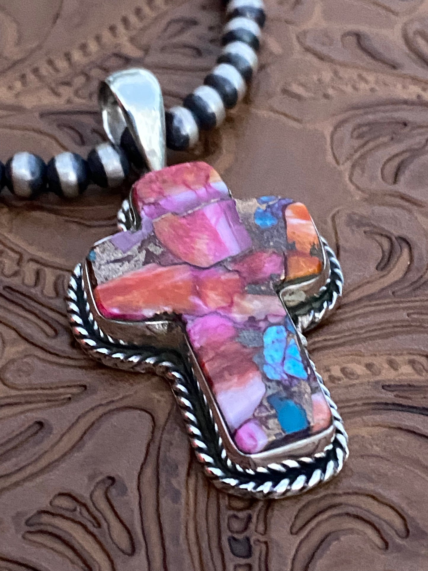 Handmade Sterling Silver & Pink Dream Mojave Cross Pendant