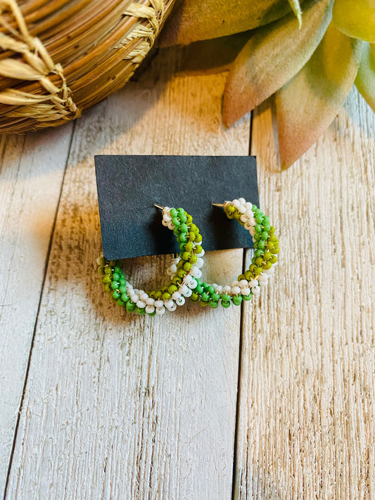 Navajo Handmade Beaded Hoop Earrings- green