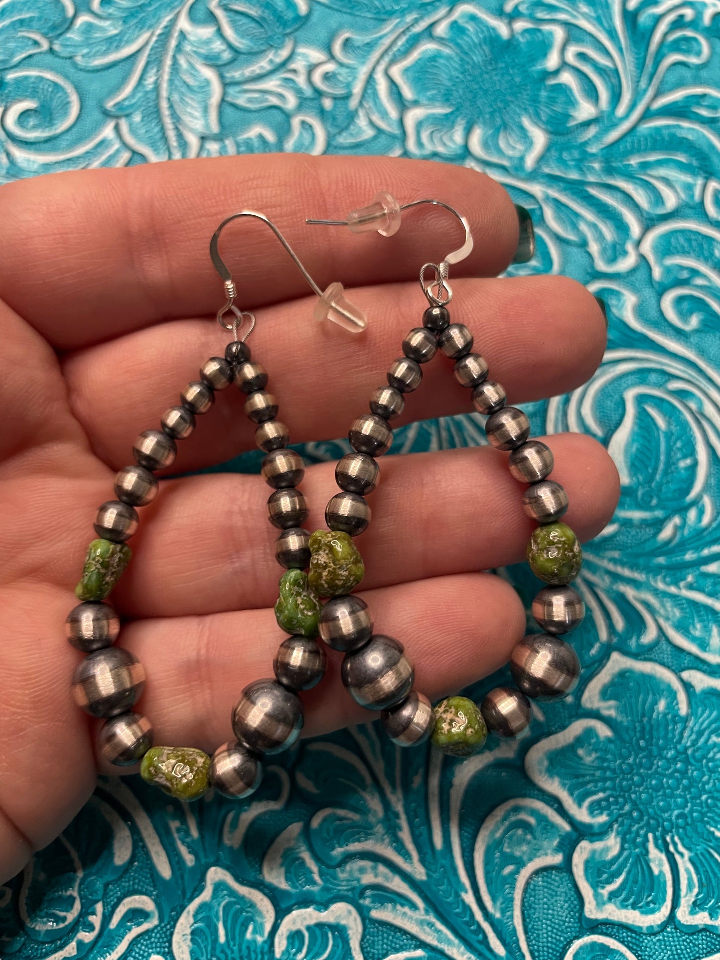 Navajo Sterling Silver Pearl Beaded Dangle Hoop Earrings