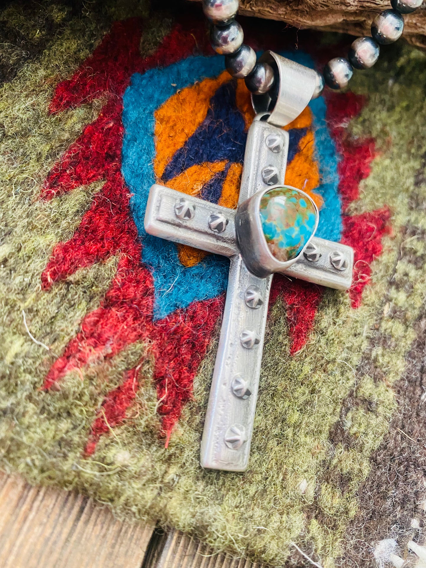 Navajo Sterling Silver & Royston Turquoise Cross Pendant By Chimney Butte