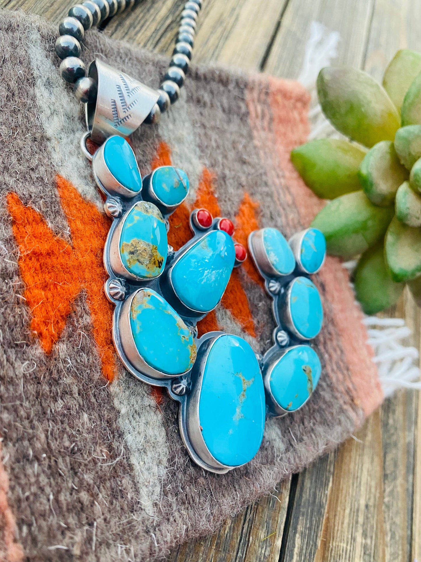 Navajo Sterling Silver, Turquoise & Coral Cactus Pendant