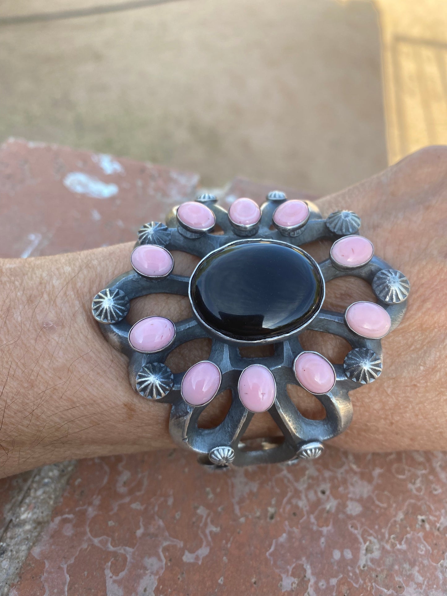 Chimney Butte Sterling Silver Onyx  & Queen Pink Conch Shell Cuff Bracelet