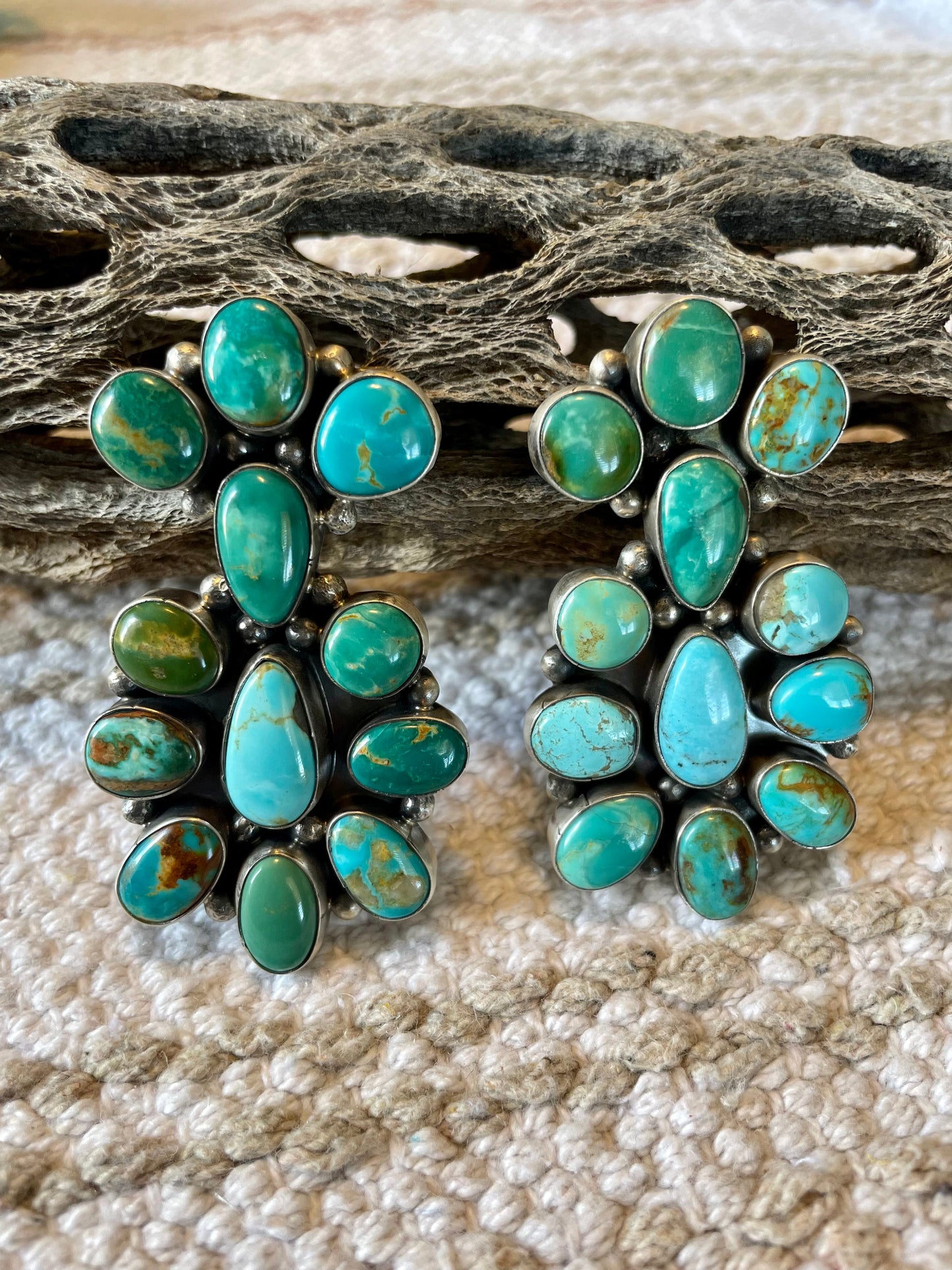 Beautiful Navajo Sterling Silver Royston Turquoise Cluster Dangle Earrings