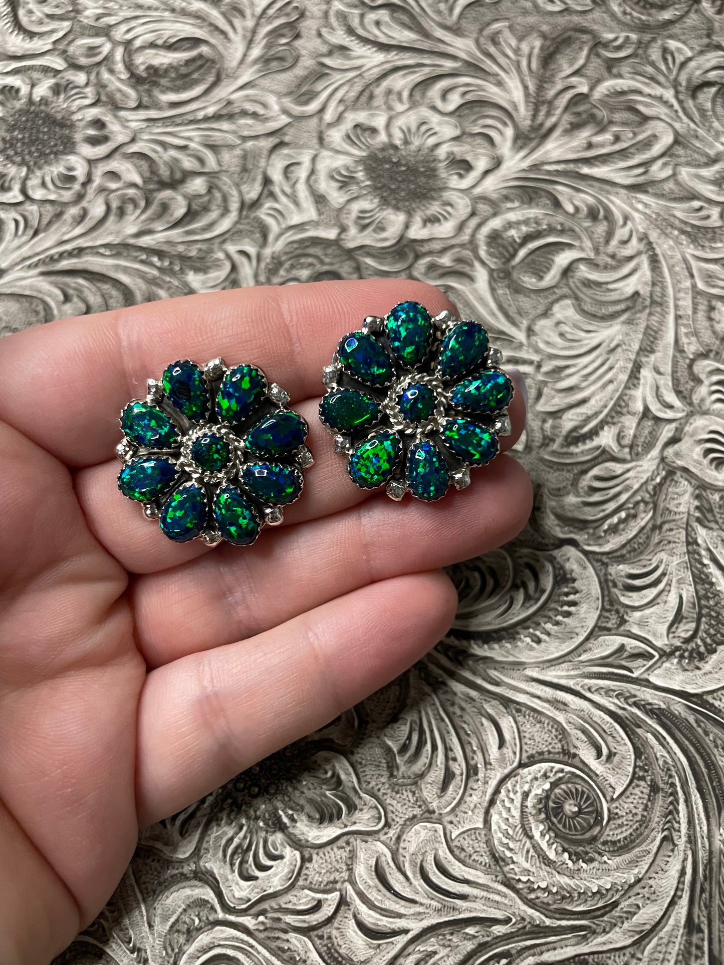 Navajo Sterling Silver & Green Opal Cluster Post Earrings Signed