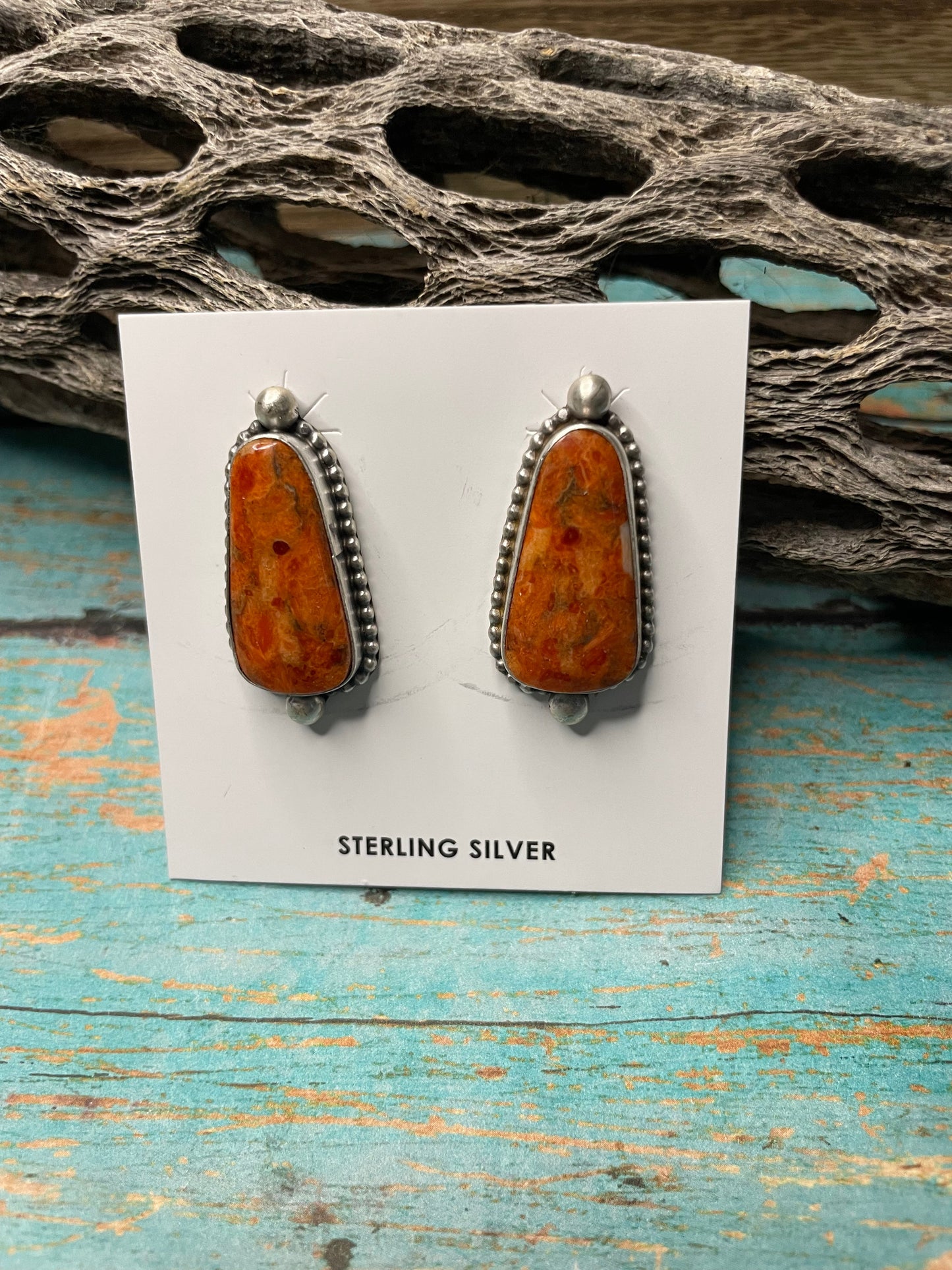 Navajo Apple Coral And Sterling Silver Post Earrings Signed